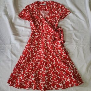 Boden Red Floral Wrap Dress 2R | Cotton Fit & Flare Short Sleeve